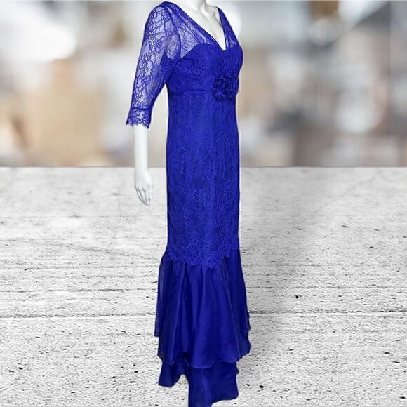 Rickie Freeman Blue Lace 3/4 Sleeve Long Dress Gown - Picture 4 of 8
